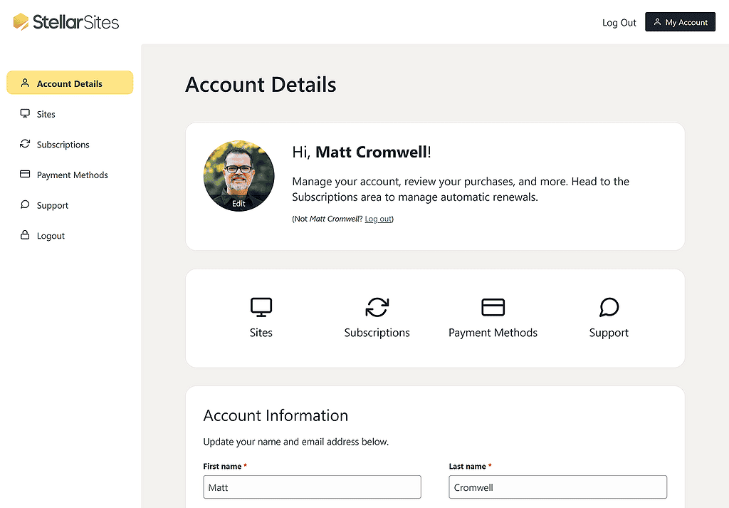 StellarSites dashboard